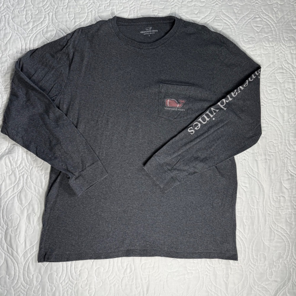 Vineyard Vines Mens Long Sleeve Football Whale Pocket T-Shirt Gray Large EUC